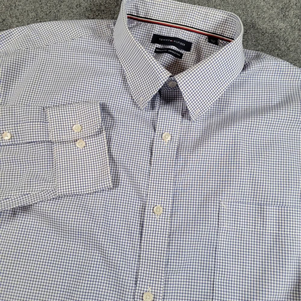 Tommy Hilfiger Button Down Shirt Mens 2XL Blue White Check Wrinkle Free Regular